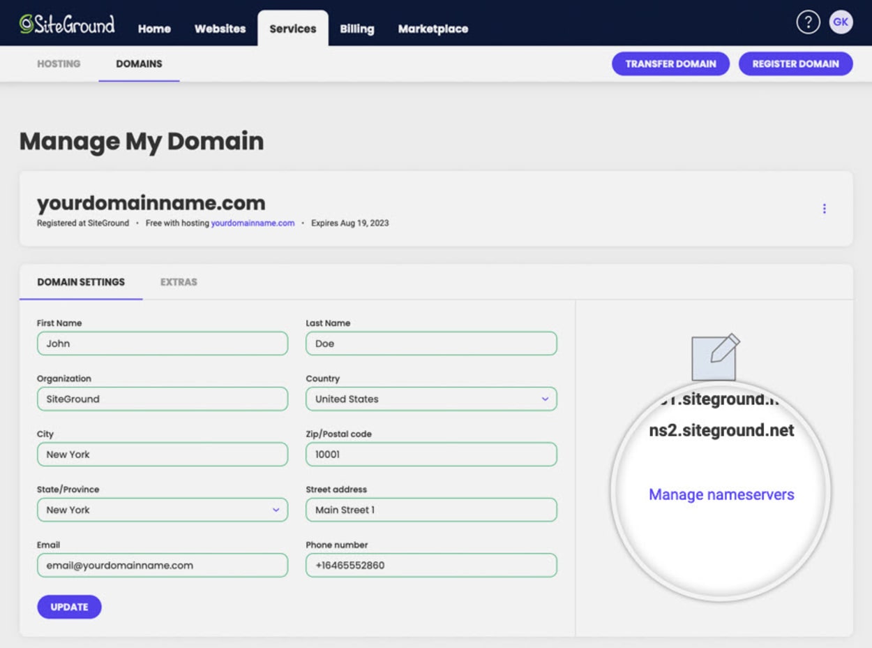 SiteGround Client area: Domain Management