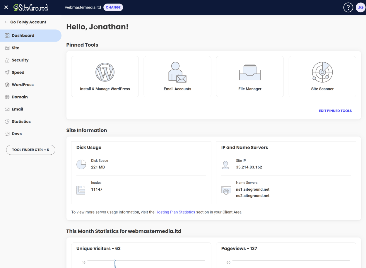 SiteGround Client area: Site Tools