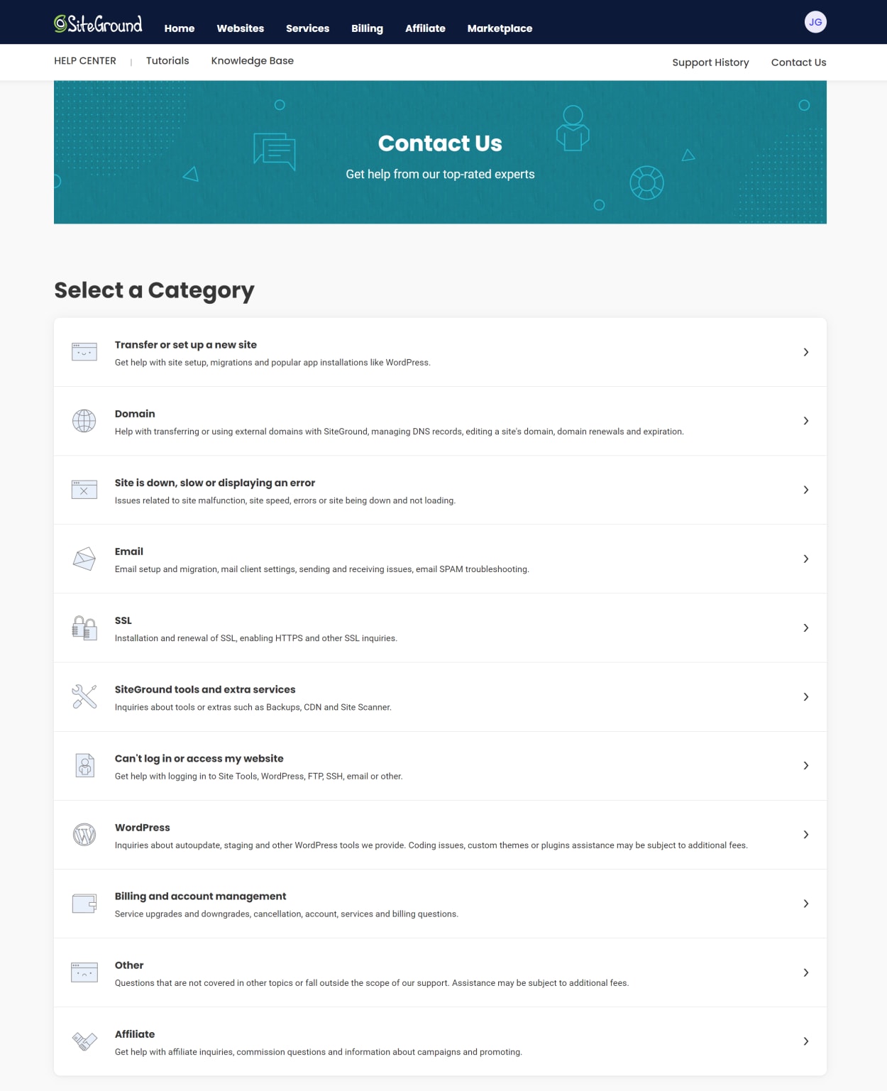 SiteGround Client area: Help Center Contact Us