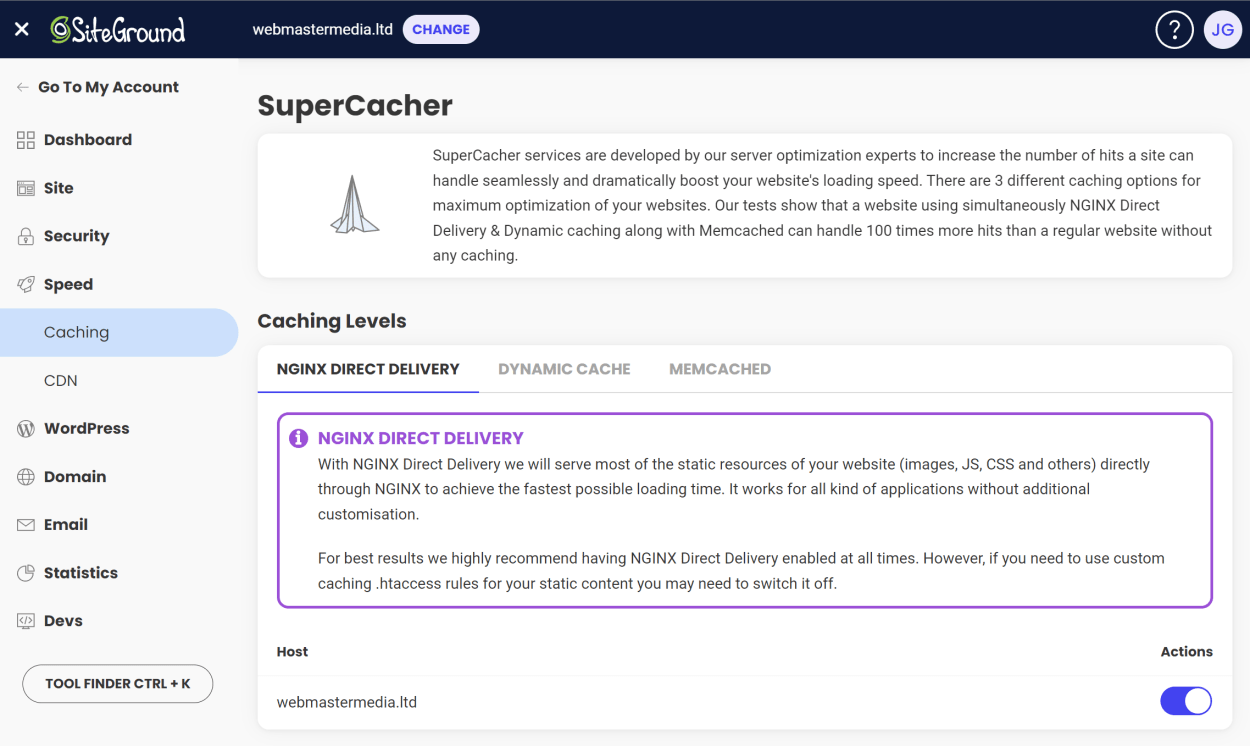  SiteGround Site Tools: Caching: NGINX Direct Delivery