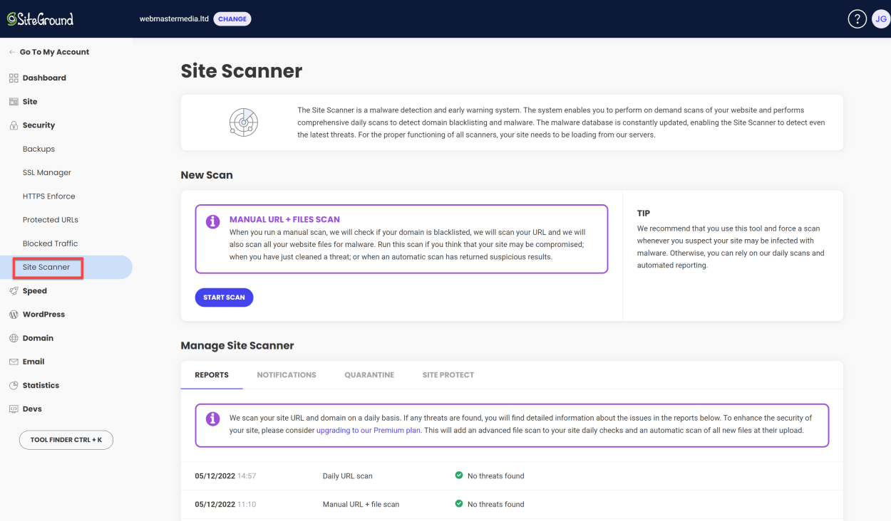 SiteGround's SG Site Scanner Interface