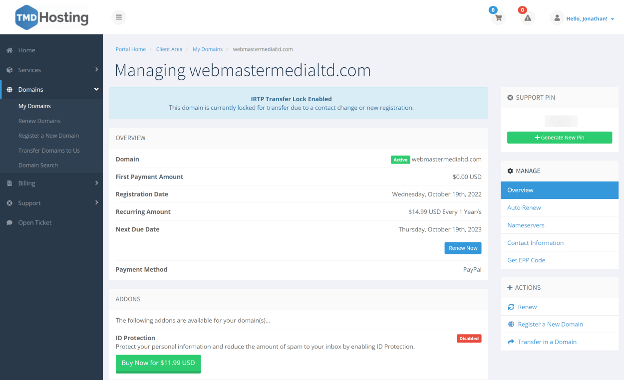 TMD Hosting Client area domains page.