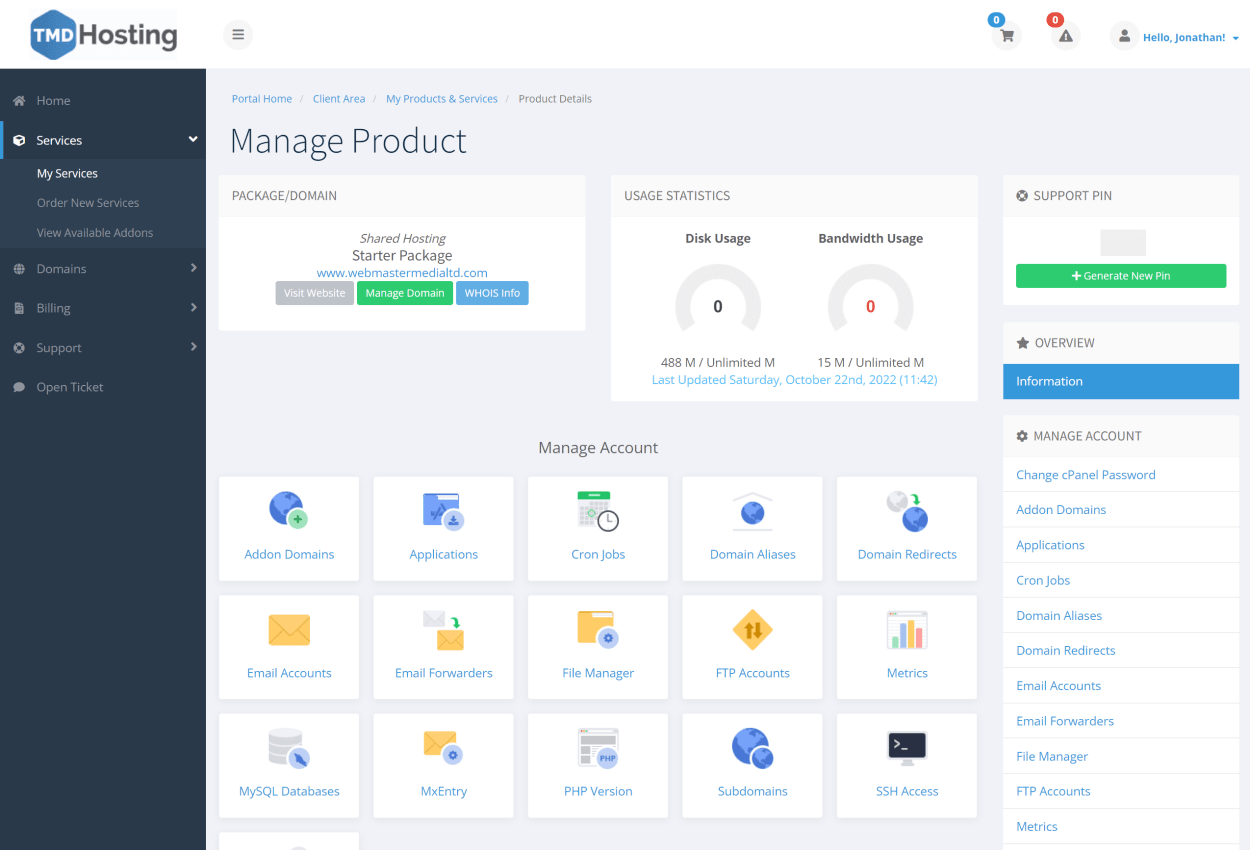 TMD Hosting Client area manage product page