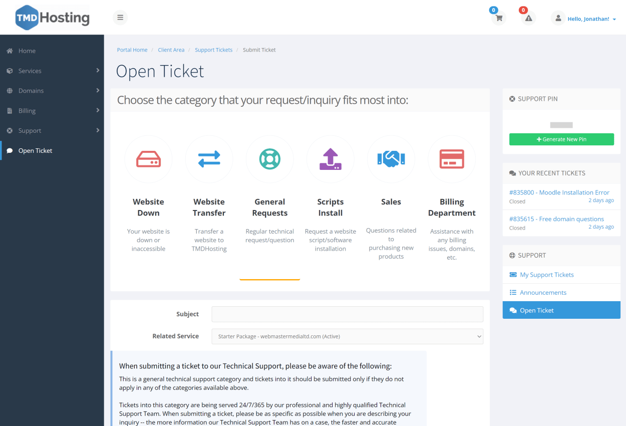 TMD Hosting Client area open support ticket.