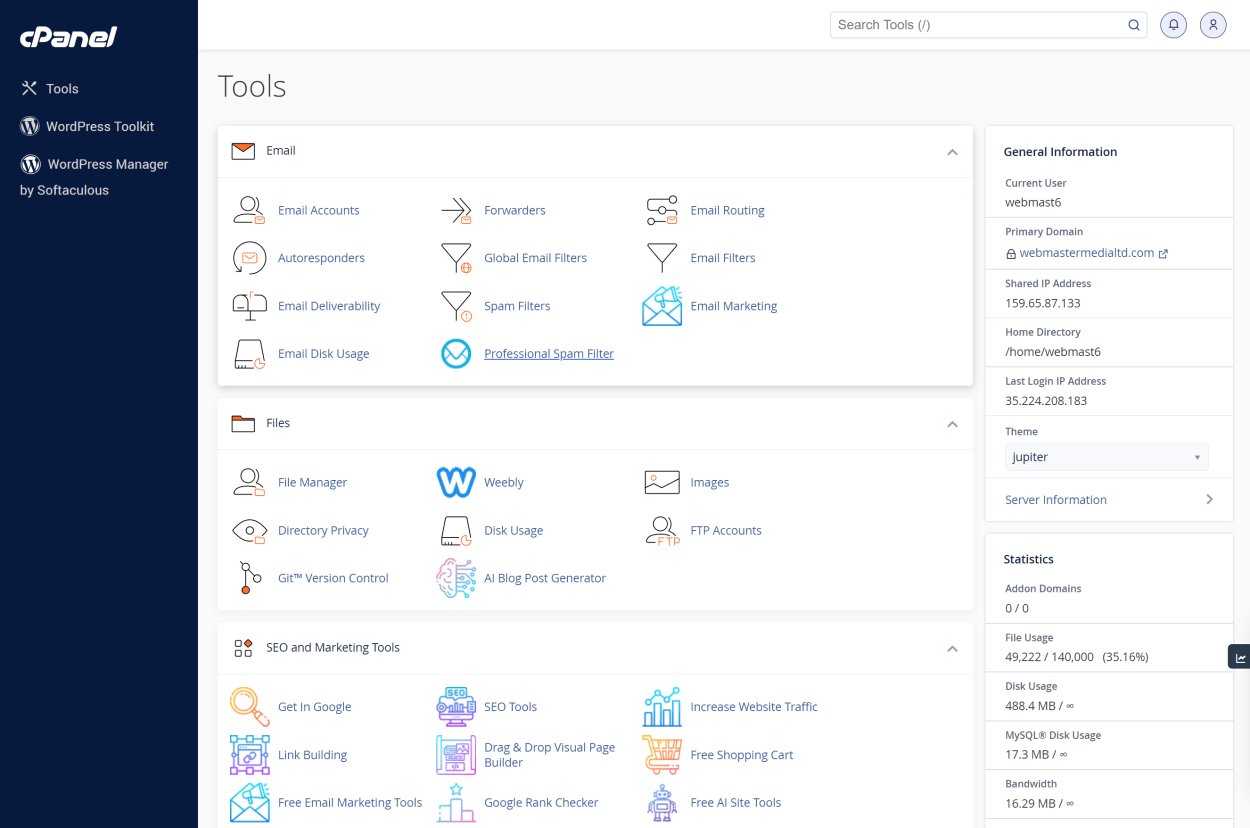 TMD Hosting cPanel interface.