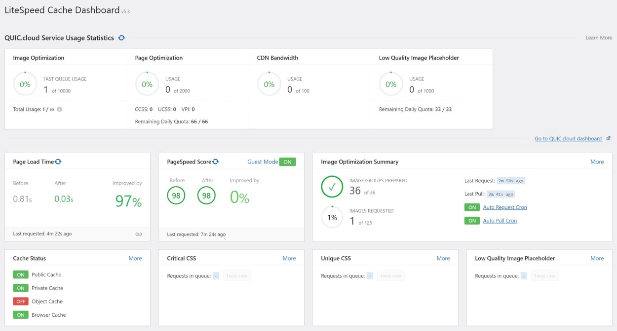 TMDHosting LiteSpeed Cache Dashboard.