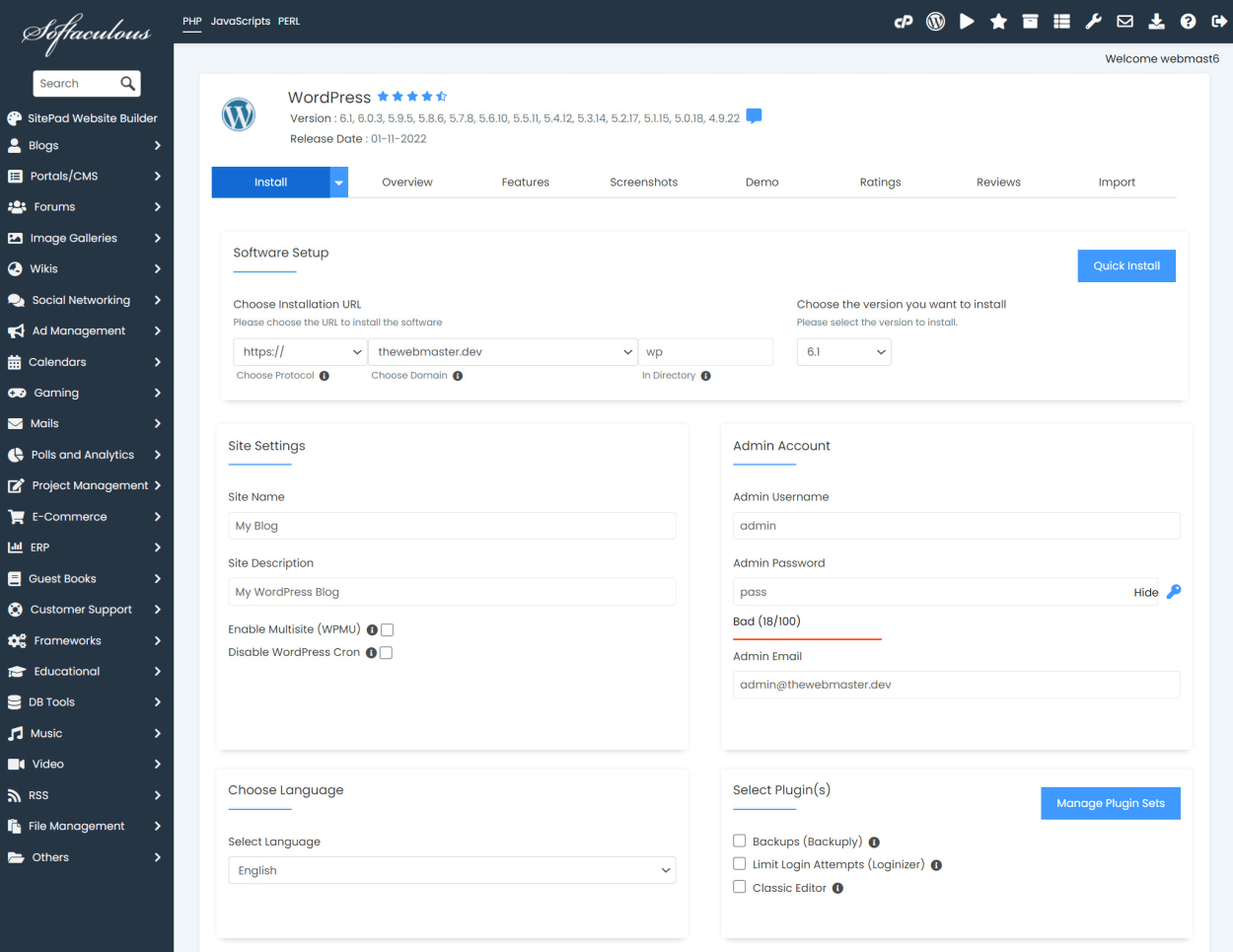 TMDHosting Softaculous WordPress Install screen