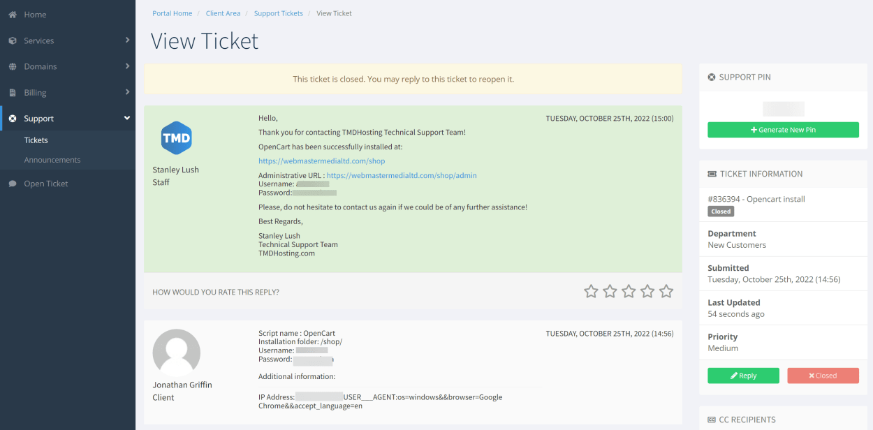 TMD Hosting Support Script Install response