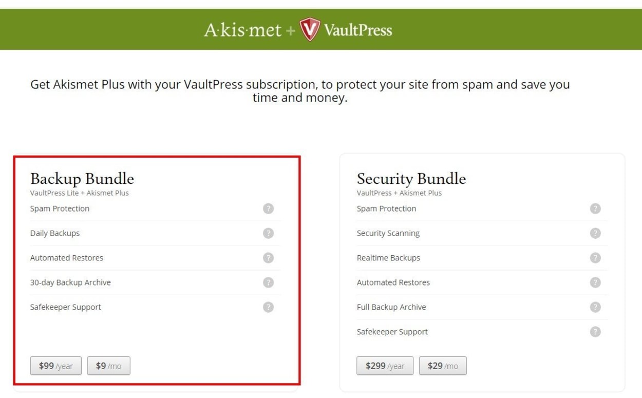 Akismet Plus + VaultPress Lite Subscription.