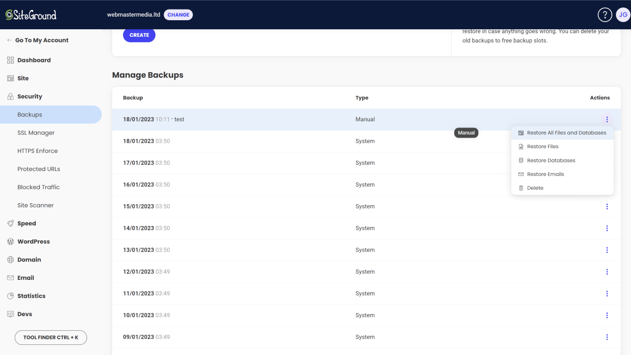 SiteGround Site Tools: Backups: Restore backup