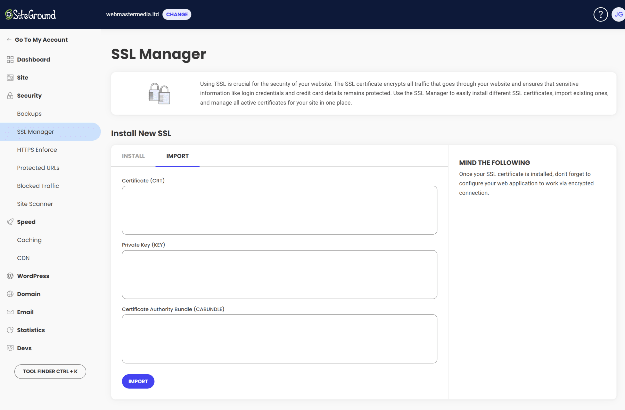 SiteGround Site Tools SSL manager: Import your own SSL Certificate