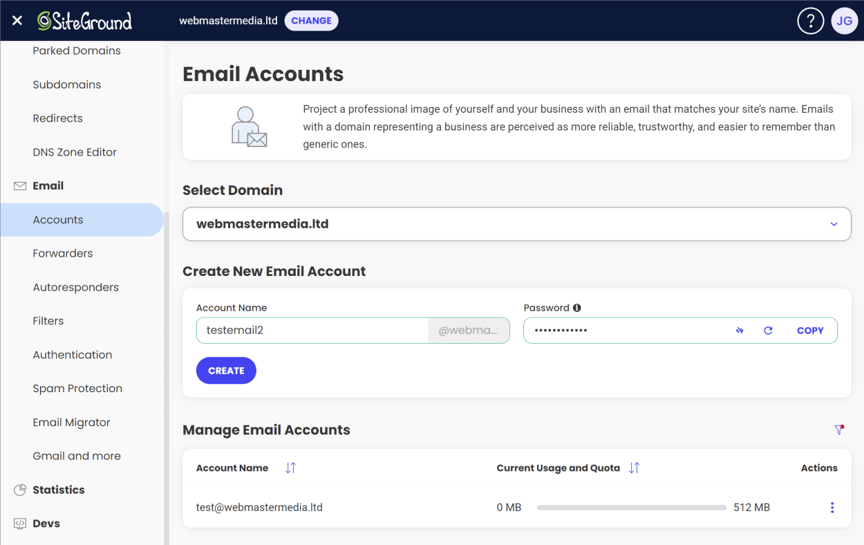 SiteGround Site Tools: Create email accounts