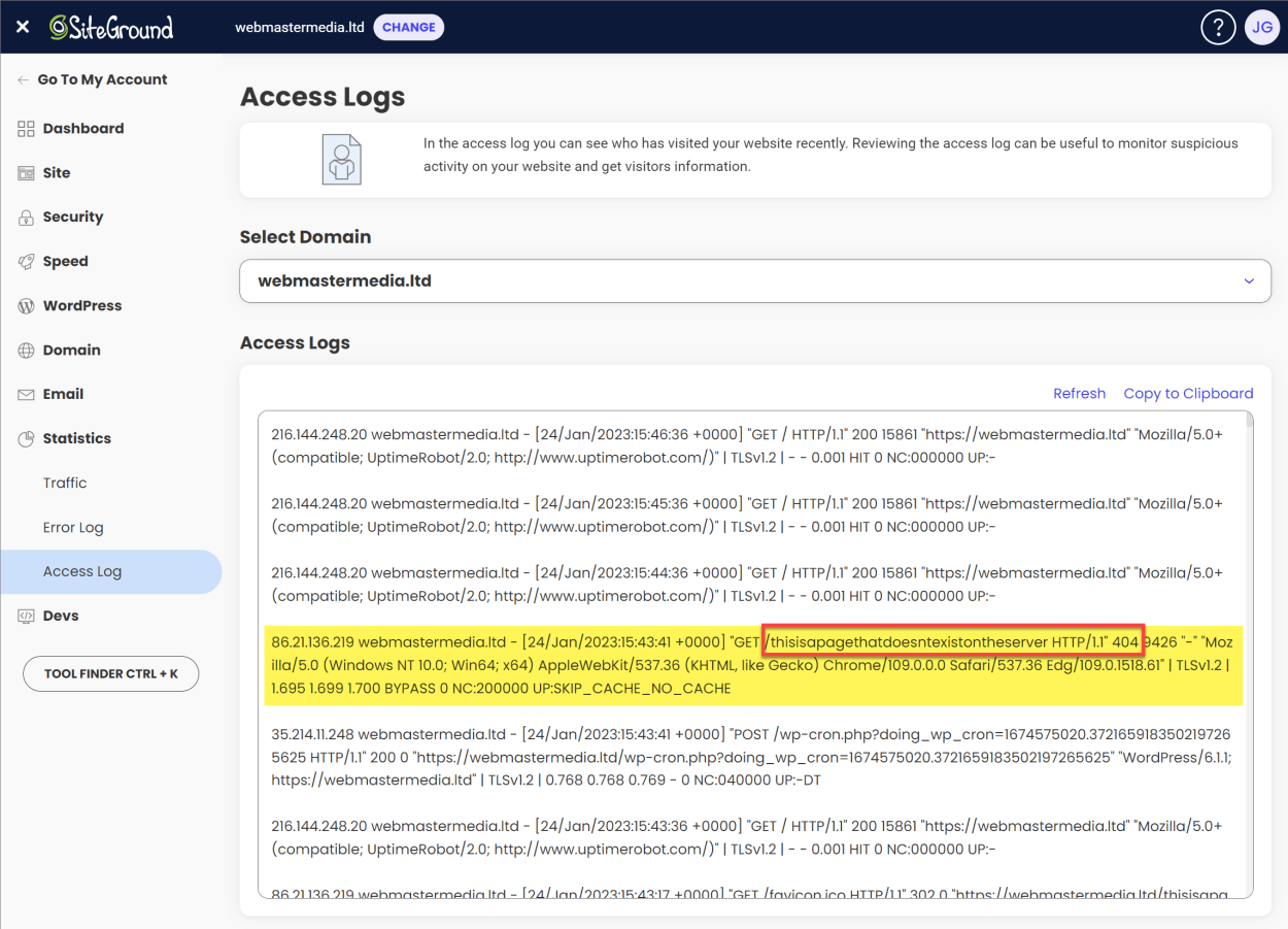 SiteGround Site Tools access log