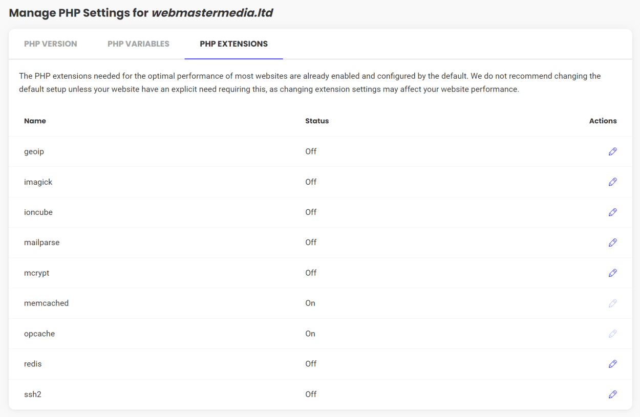  SiteGround Site Tools: PHP Manager: PHP Extensions