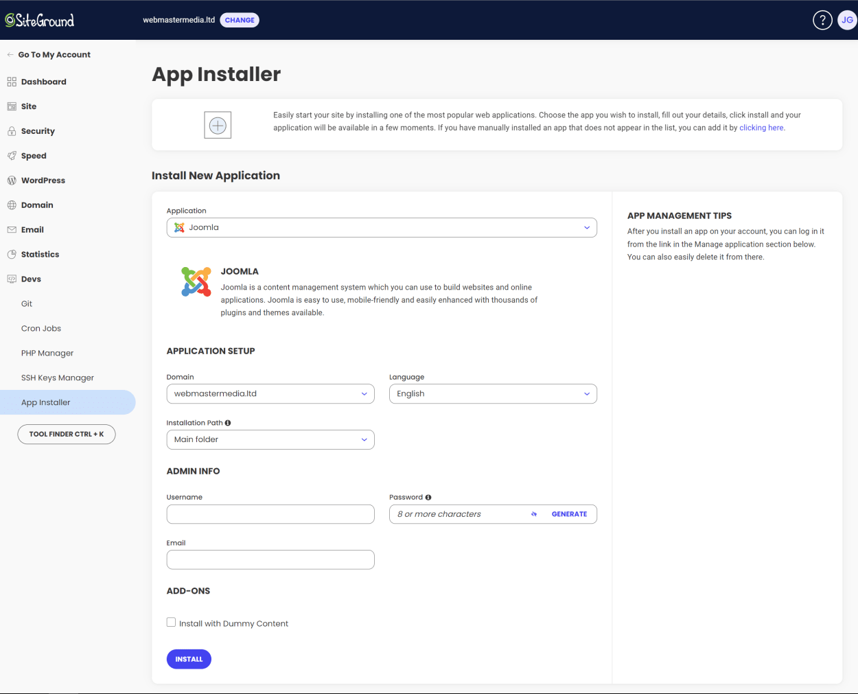 SiteGround Site Tools: App Installer