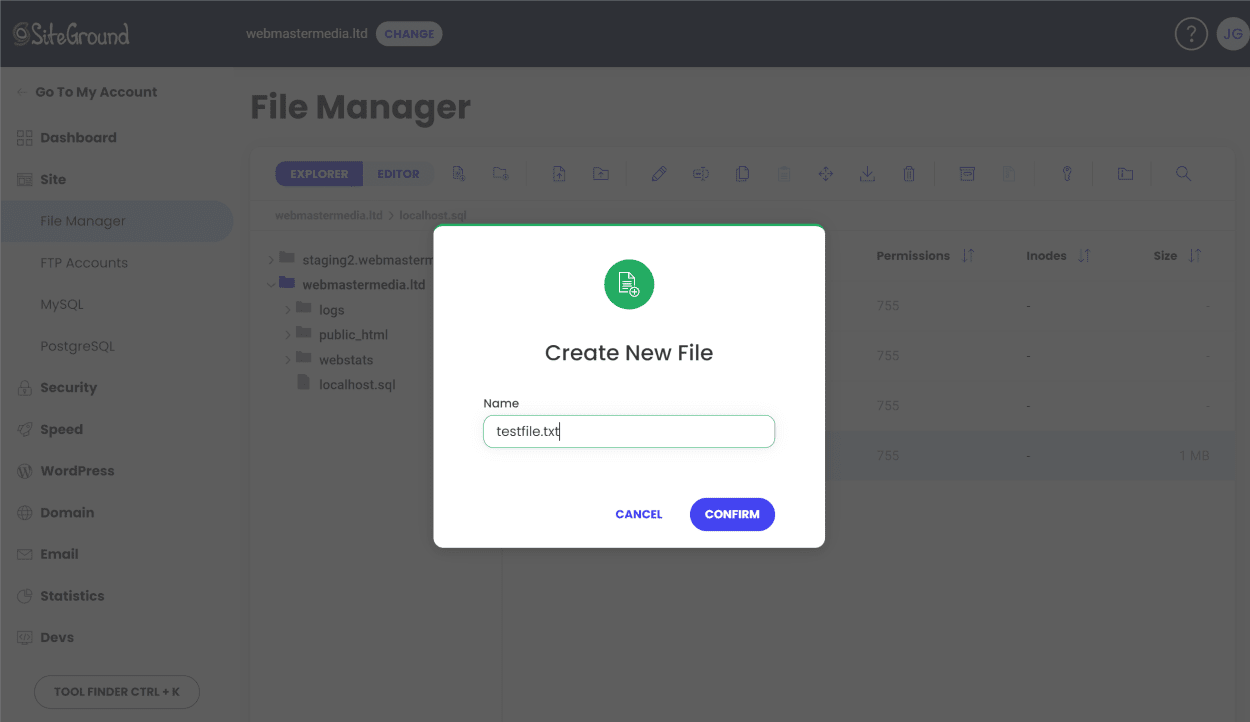 Create file button in SiteGround's File Manager