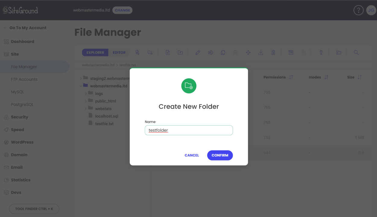 Create file button in SiteGround's File Manager