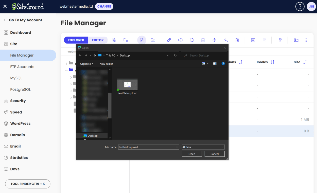 Create file button in SiteGround's File Manager