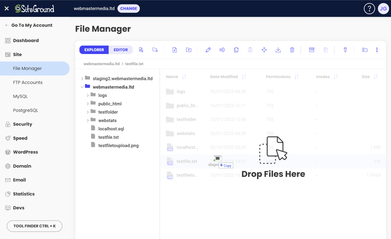 Create file button in SiteGround's File Manager