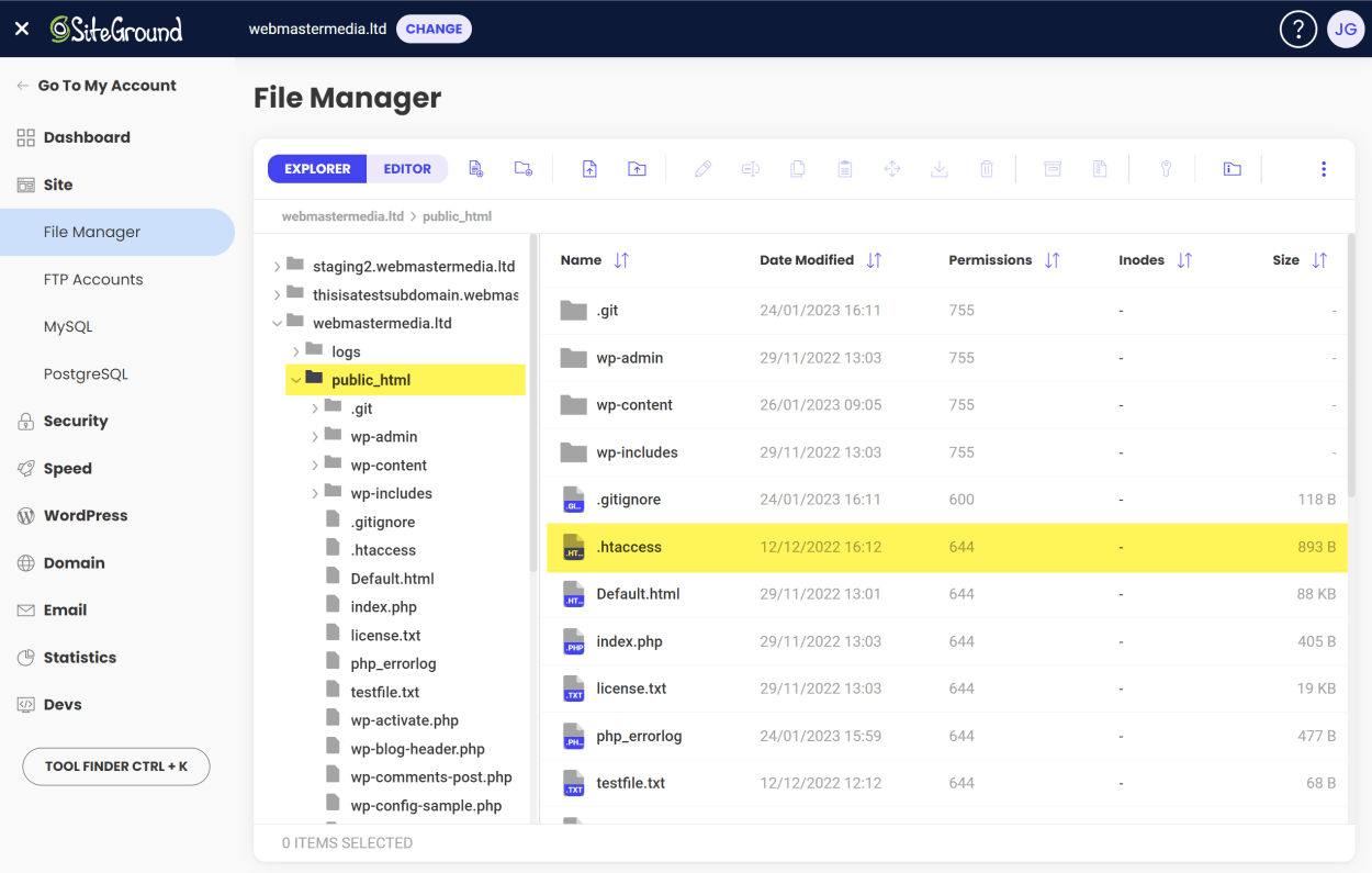 How to find the .htaccess file in SiteGrounds File Manager