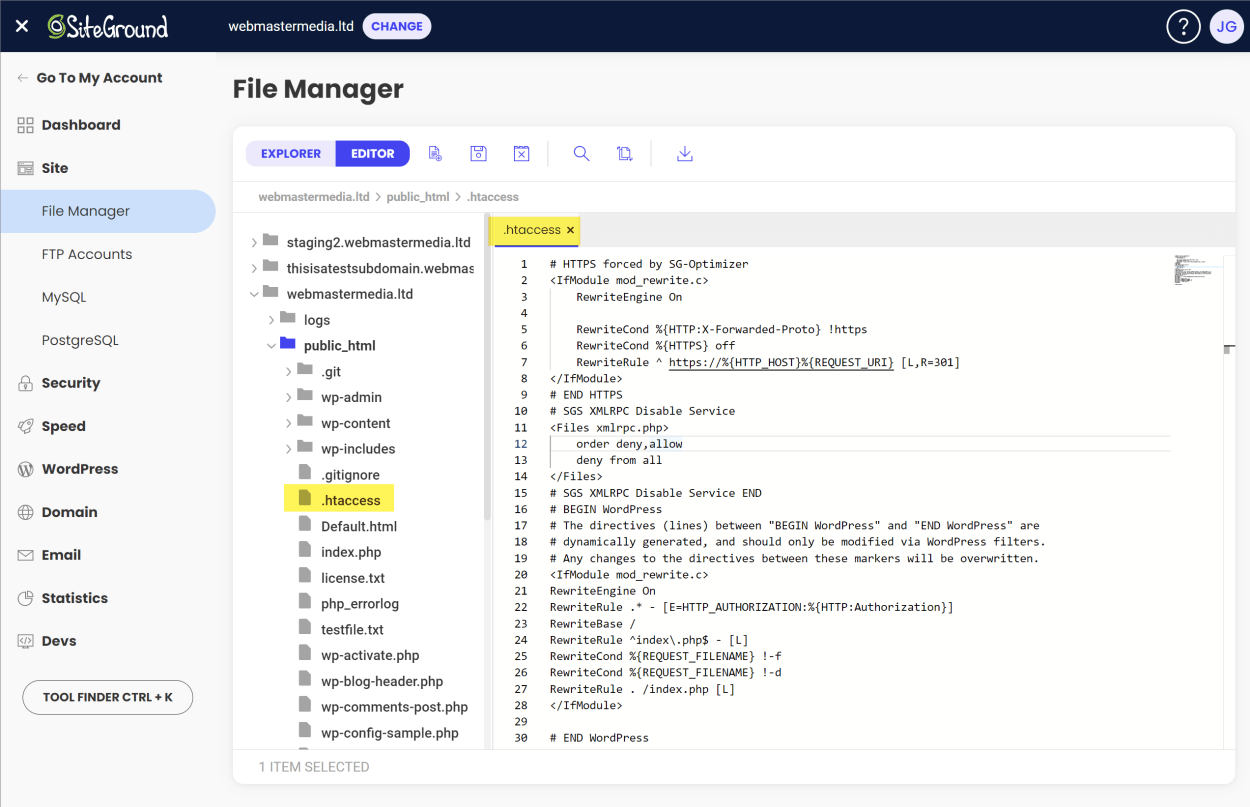 Editing the .htaccess file in SiteGround File Manager