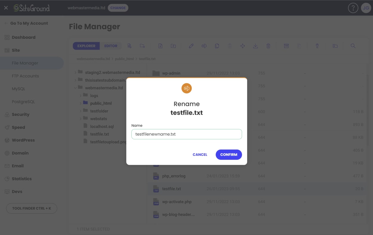 SiteGround File Manager: Rename file or folder: Enter new name modal