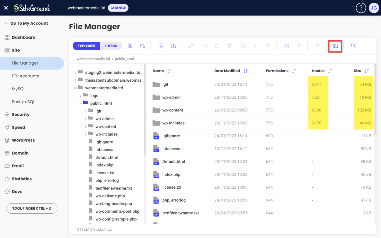 Displaying the Folder Size and Inode Count in SiteGrounds File Manager