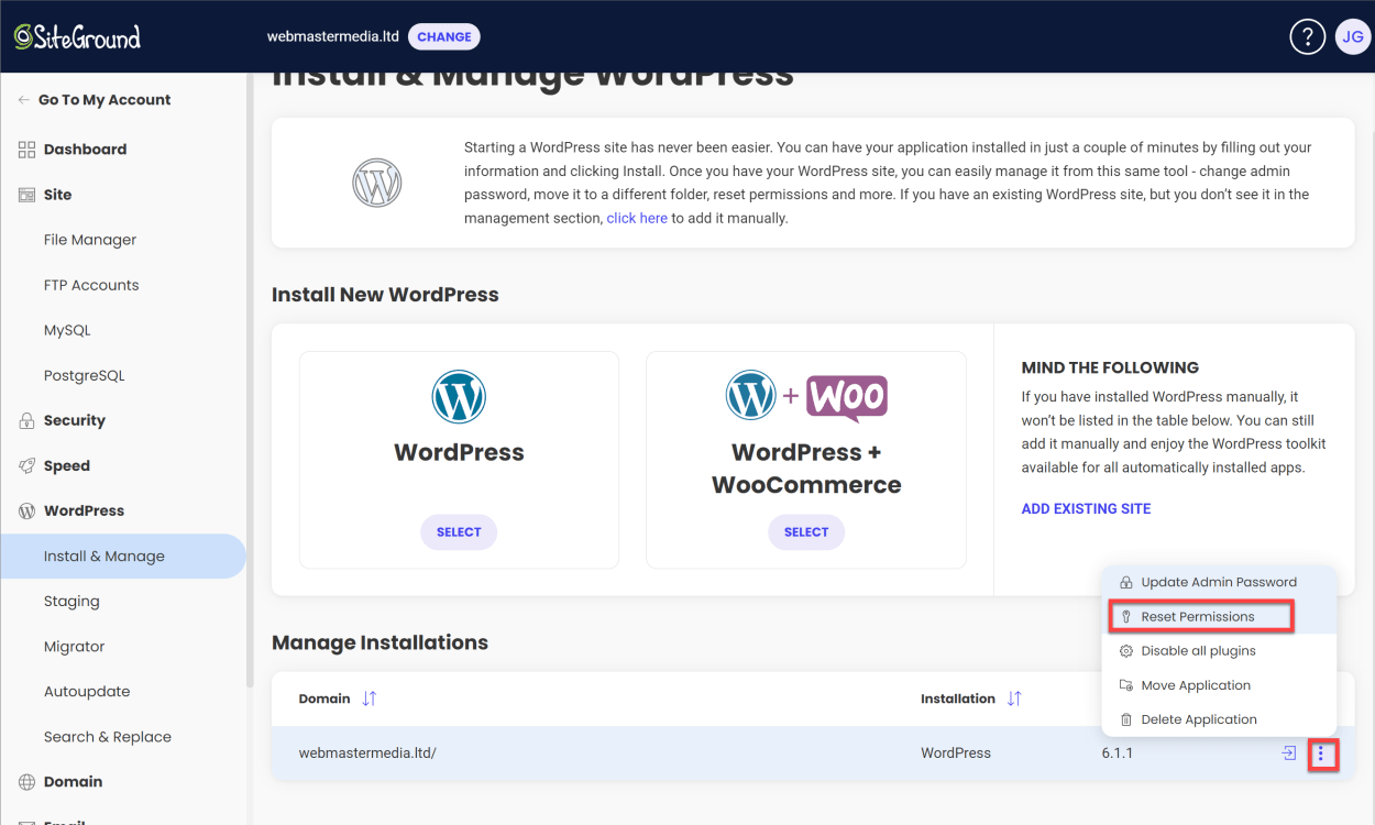 Resetting WordPress Permissions in SiteGrounds Site Tools