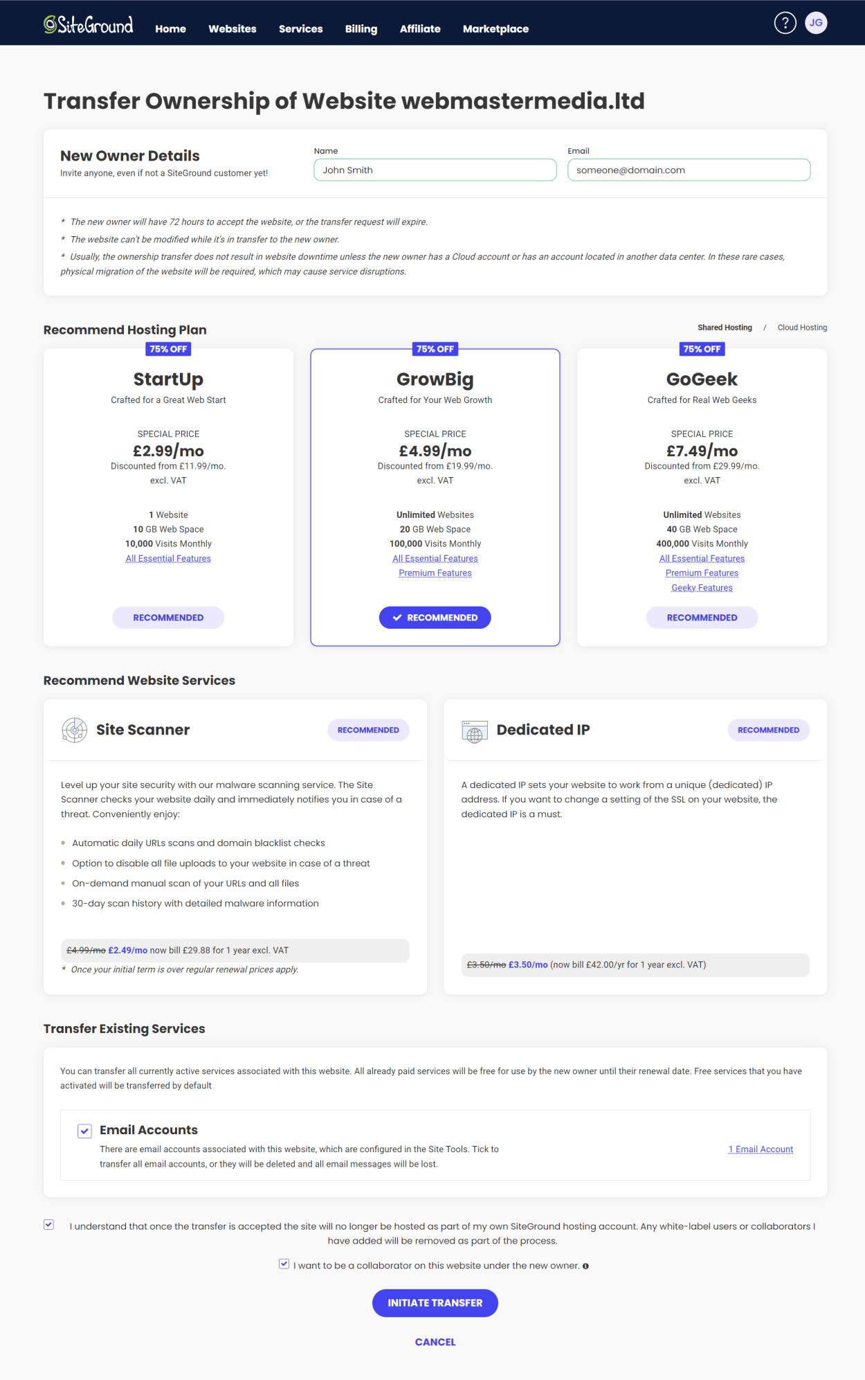 SiteGround: Transfer Ownership to client