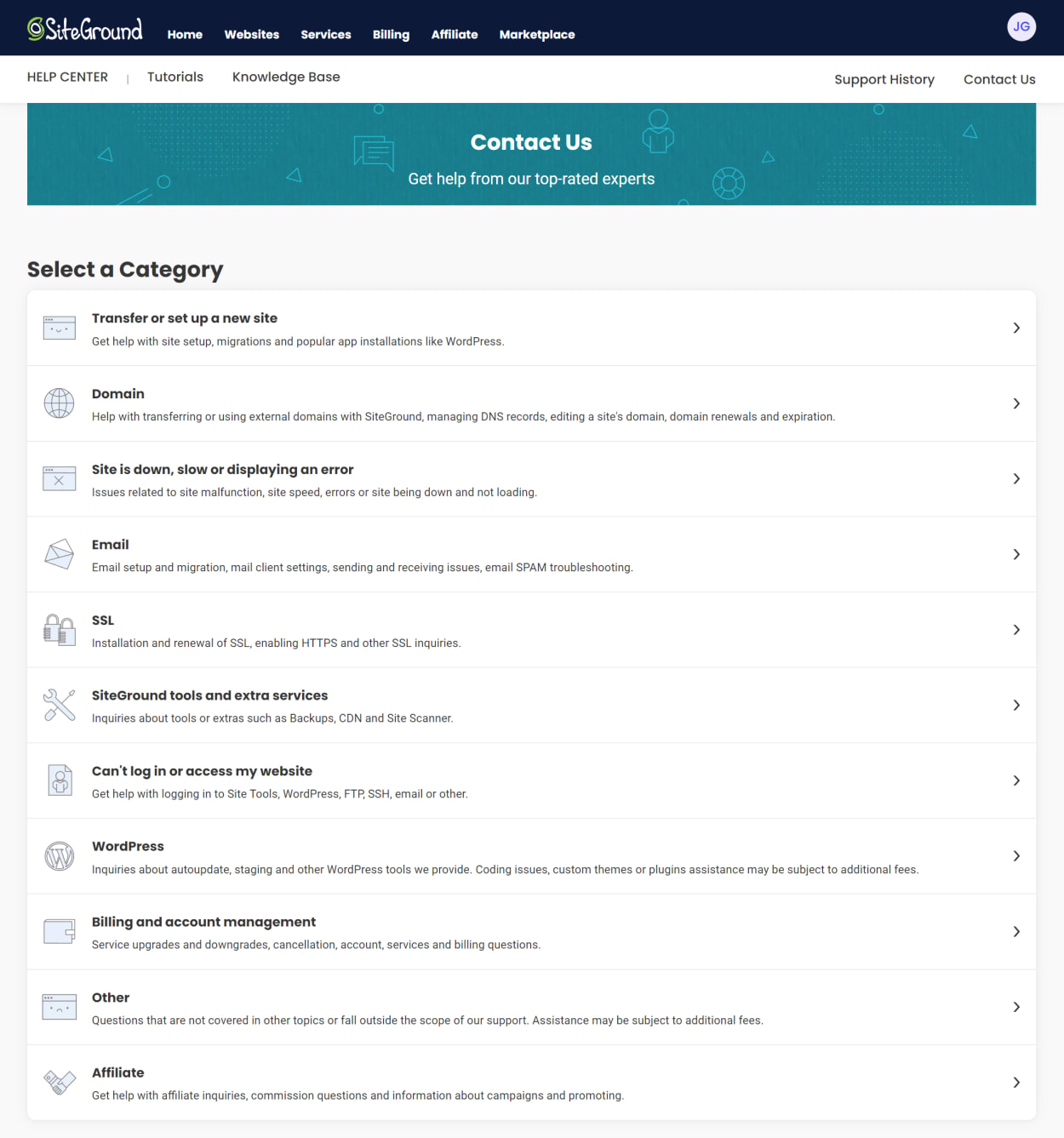 SiteGround Contact Support - Categories