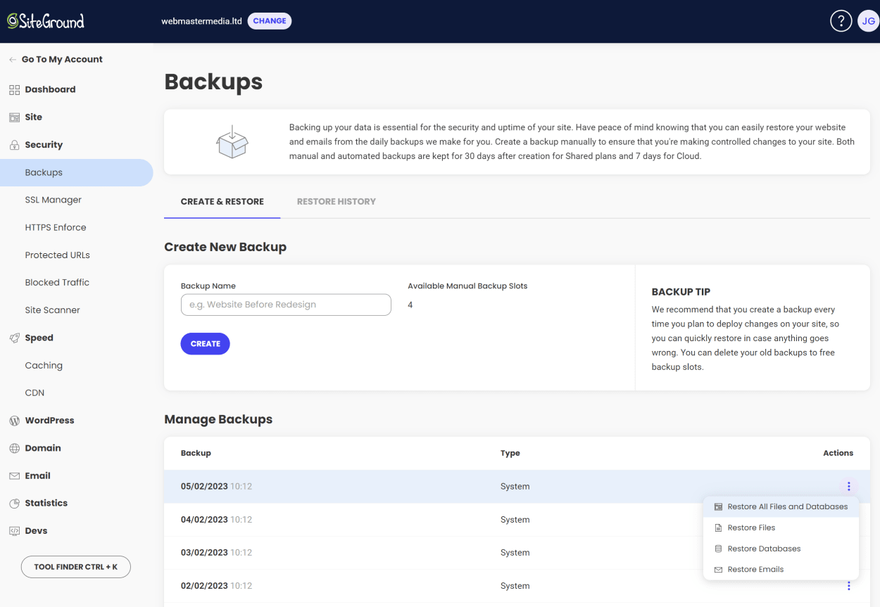 SiteGround Site Tools: Backup