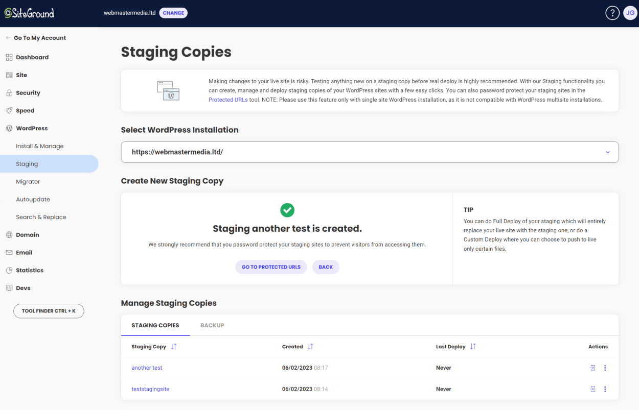 SiteGround Staging Environment