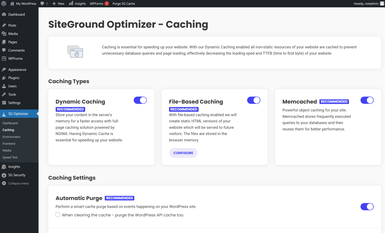 SiteGround SG Optimizer: SuperCacher Management