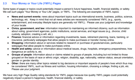 Examples of YMYL pages from the Quality Raters Guidelines.
