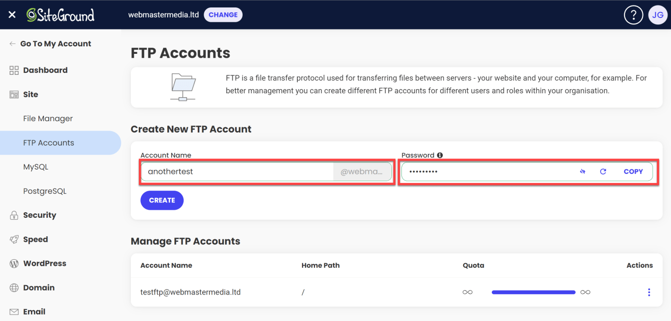 Click the 'Create FTP Account' button and add a password to create a new FTP account.
