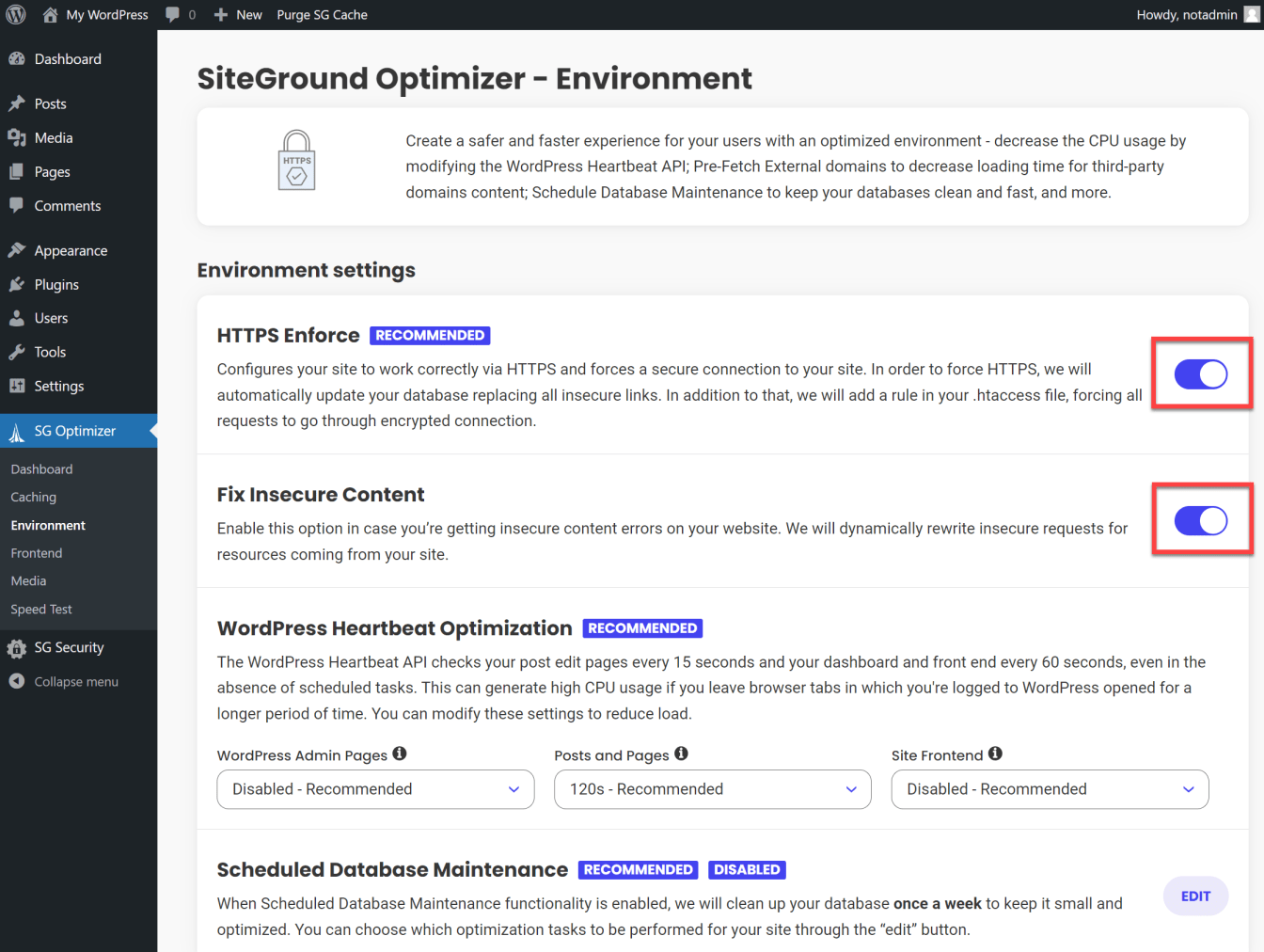 Toggle the Enforce HTTPS button to the on position and fix mixed content warnings.