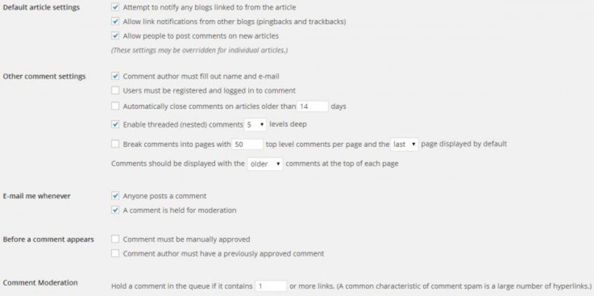 WordPress moderation settings for comment spam. WordPress moderation settings for comment spam.