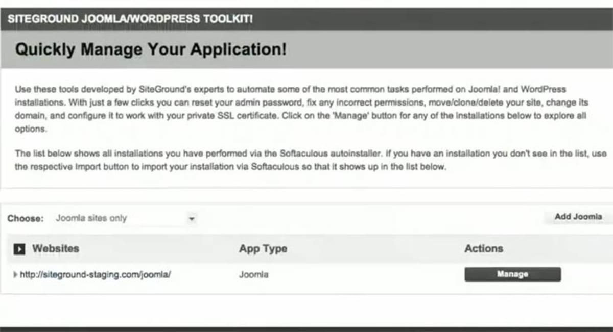 SiteGround toolkit interface. SiteGround toolkit interface.