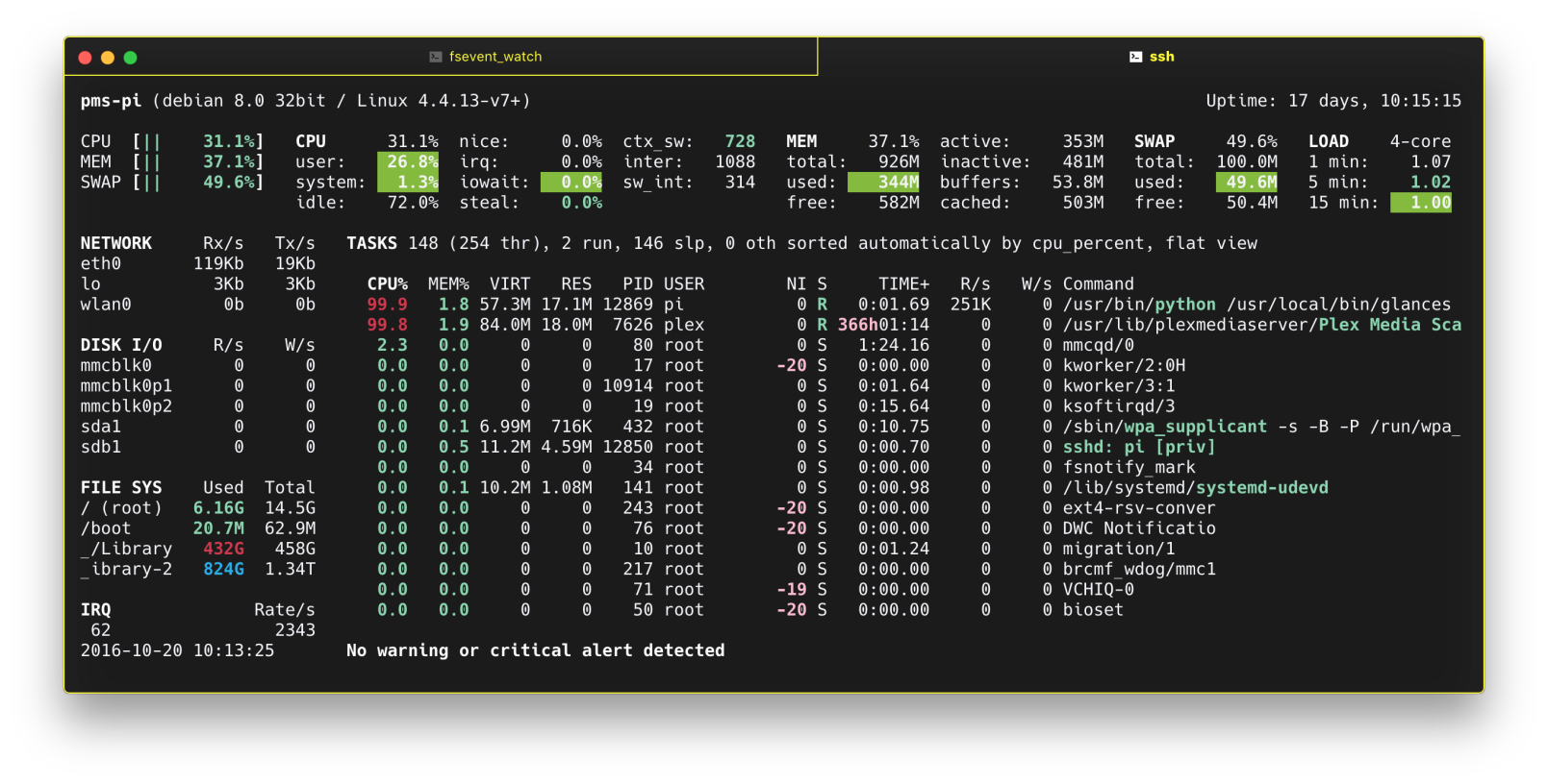 The glances interface running on the Pi