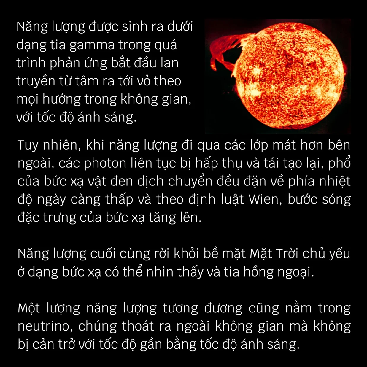 Thắp sáng Mặt Trời là thứ gì? - Mặt Trời bức xạ sinh ra trong lõi, rồi bay ra bề mặt ở dạng nhìn thầy và hồng ngoại