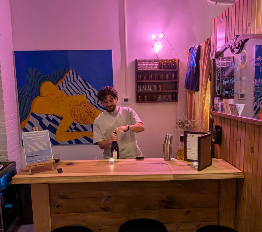 Behind the custom-built bar