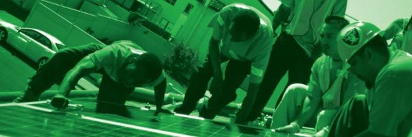 Workers installing a solar panel in shades of green.