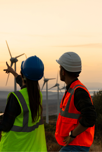 Two workers in hardhats pointing towards windmills in the distance.