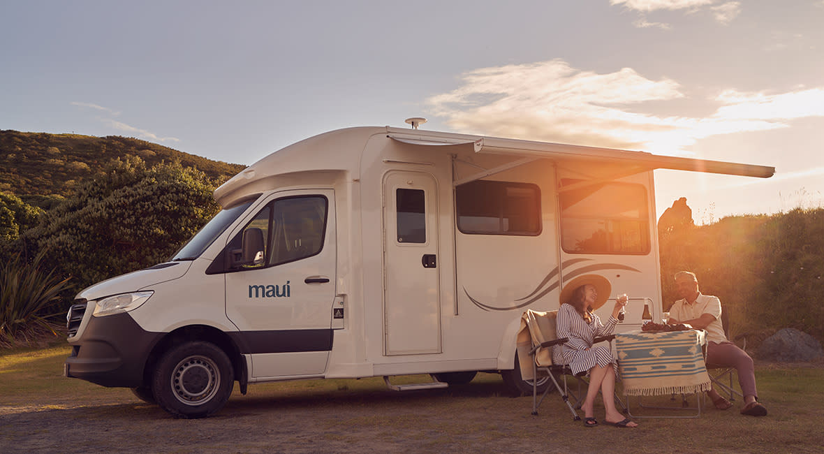 Maui Cascade 4 Berth Motorhome Exterior Sunset Couple