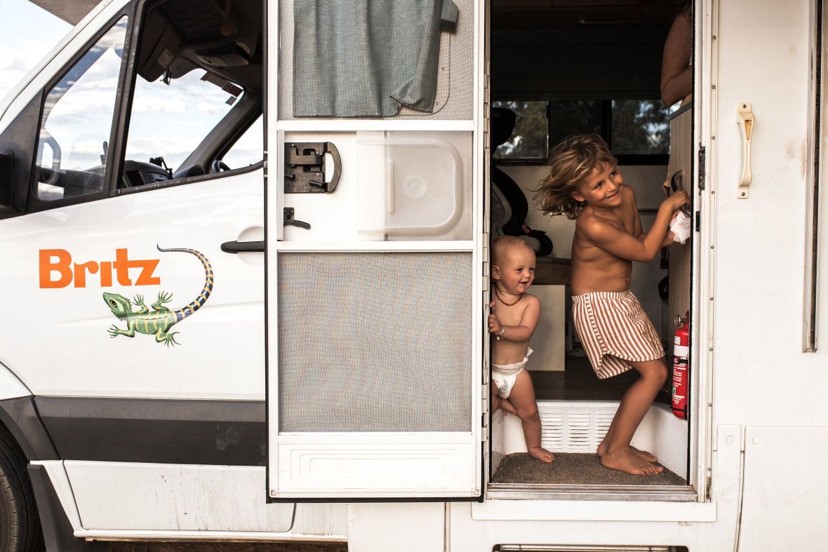 Toddlers in a campervan