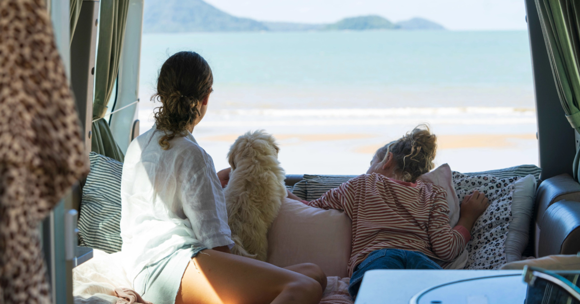 Kids and dog in campervan