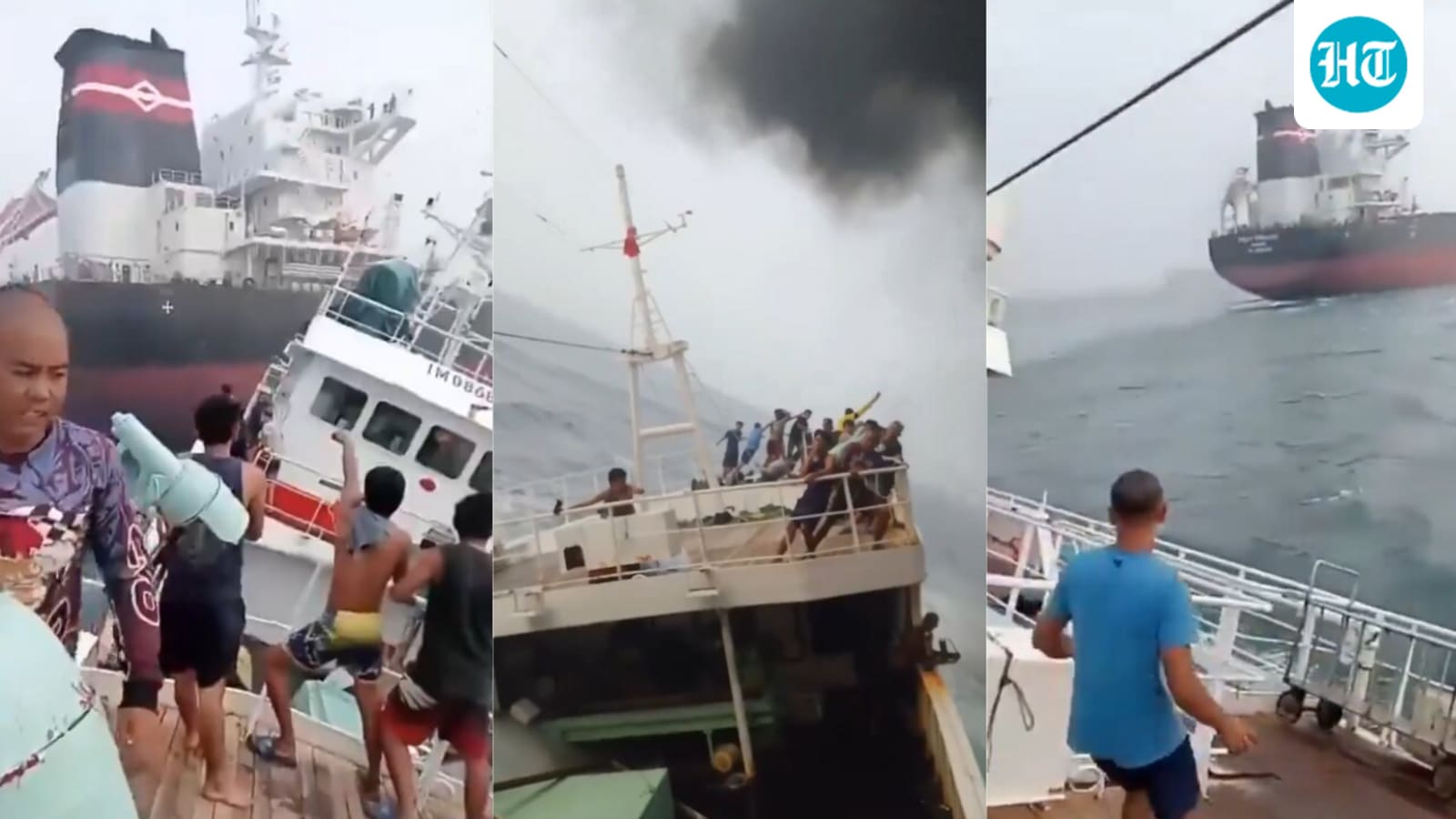 On camera, giant ship crashes into fishing boat near Singapore, desperate crew cling on