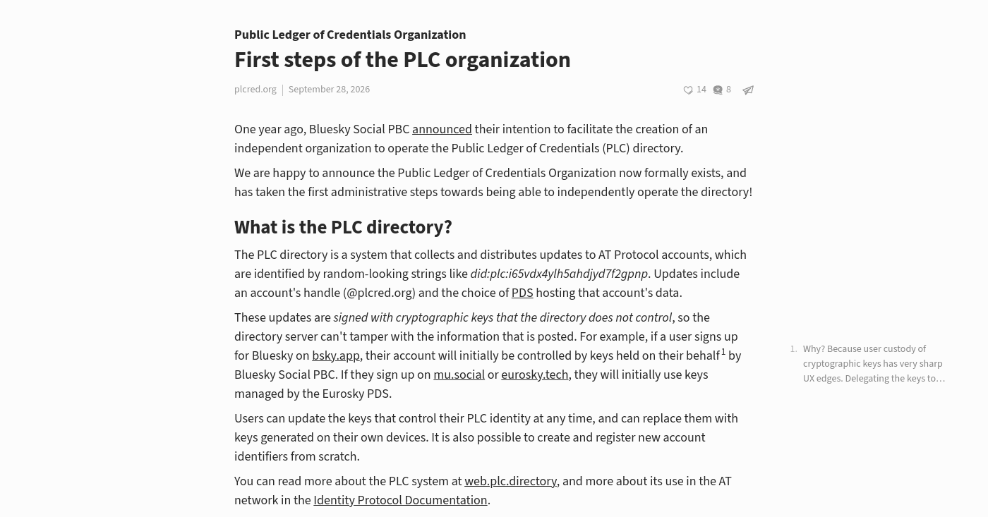 First Steps of the PLC Organization – Independent Public Ledger of Credentials