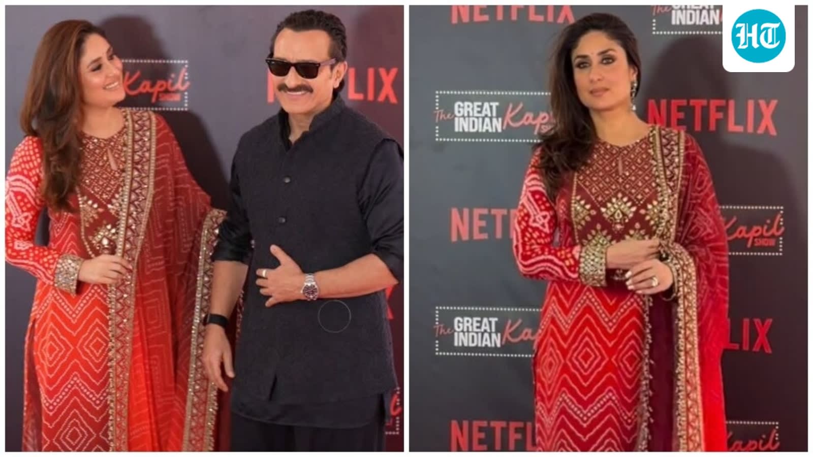 Kareena Kapoor wears red Bandhani suit by Arpita Mehta as Saif Ali Khan opts for regal black for The Great Indian Kapil Sharma Show