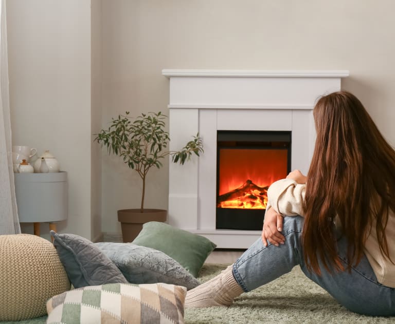 Woman resting in front of electric fire